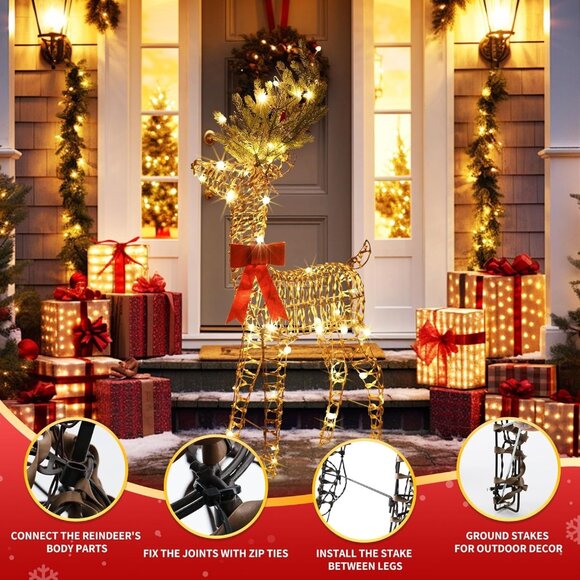 Light Up 3D Rattan Christmas Reindeer 47" w/ 70 LED Lights Outdoor Xmas Decor - Picture 3 of 5